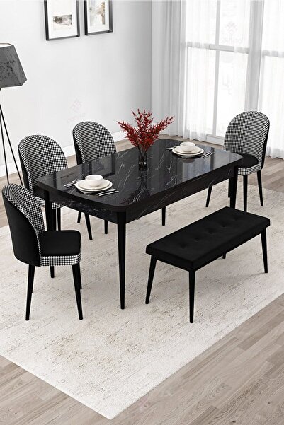 Canisa Jul Serisi 80x132 Açılabilir Siyah Mermer Desen Yemek Odası Takımı 4 Kazayağı Sandalye Ve 1 Bench