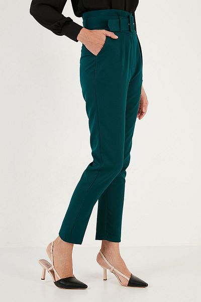 Lela High Waist Pocket Belted Regular Fit Fabric Pants TROUSERS 611PL04