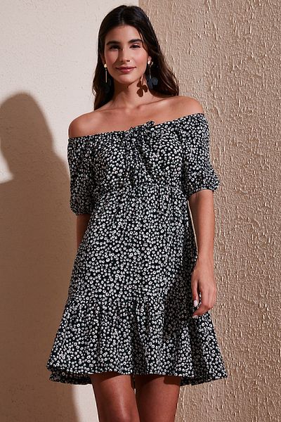 Lela Μίνι ΦΟΡΕΜΑ με μοτίβο Slim Fit Carmen γιακά 5865620