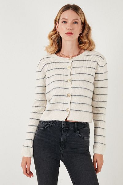 Lela Soft Textured Striped Crop Knitwear Cardigan - Standard Fit Cardigan 4615551