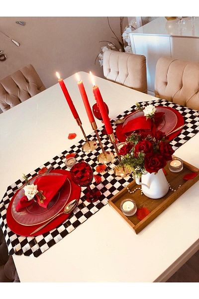 Ayd Home Set farfurie din 2 bucăți cu model în carouri 14 februarie Masă romantică Masa de Ziua Îndrăgostiților Ranır
