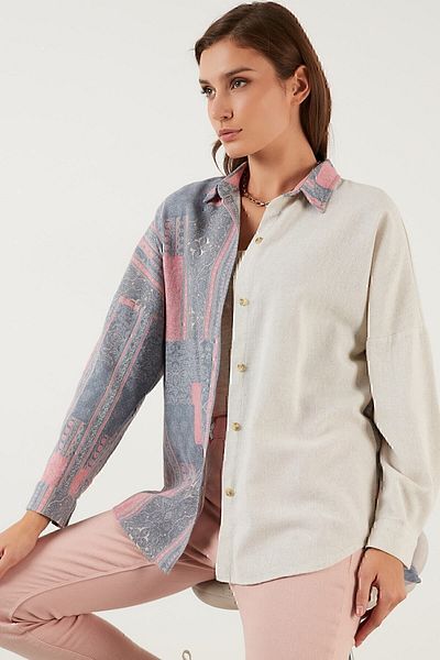 Lela Cotton Ethnic Patterned Oversize Long Back Shirt 6234629
