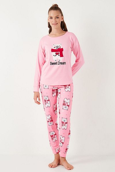 Lela Crew Neck Patterned Pajama Set - Standard Fit Stretch Pajama Set 6095700