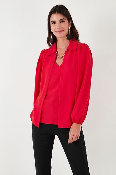 Lela Regular Fit V-Neck Balloon Sleeve Blouse BLUZ 611BZ0353