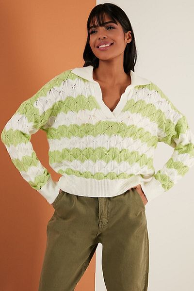 Lela Color Blocked Polo Neck Knitwear Pullover Sweater 63622409