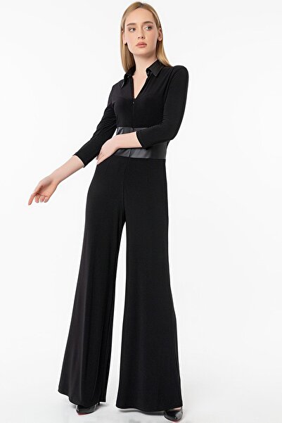 Ottawe Beli Deri Parça Detaylı Gömlek Yakalı İspanyol Paça Önü Fermuarlı Uzun...