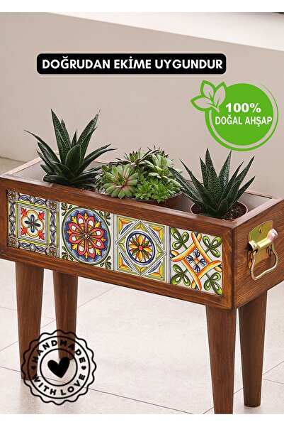 halohope El Yapımı Ayaklı 4 Çinili Dekoratif Modern Ahşap Dikdörtgen Bahçe Ba...