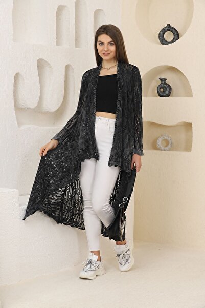 AYASOFYA OTANTIK Black Ethnic Patterned Knitwear Pocket Loose Cotton Long Car...