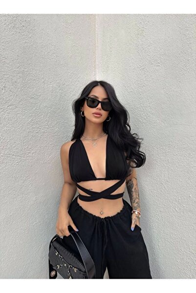 kırmızı butiks Μαύρο δεμένο Sandy Crop