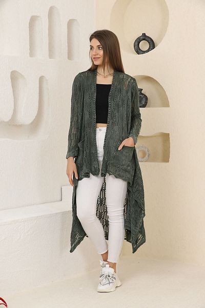AYASOFYA OTANTIK Khaki Ethnic Patterned Loose Cotton Pocket Long Women's Knitwear Jacket Cardigan