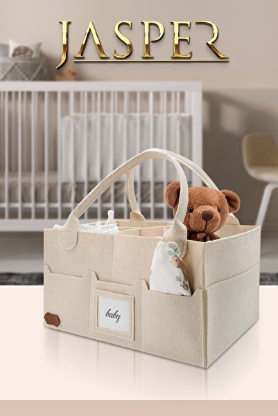 JASPER Keçe Bej Sade İsimlik Fotoğraf Bölmeli Kapaklı Çok Amaçlı Anne Bebek B...