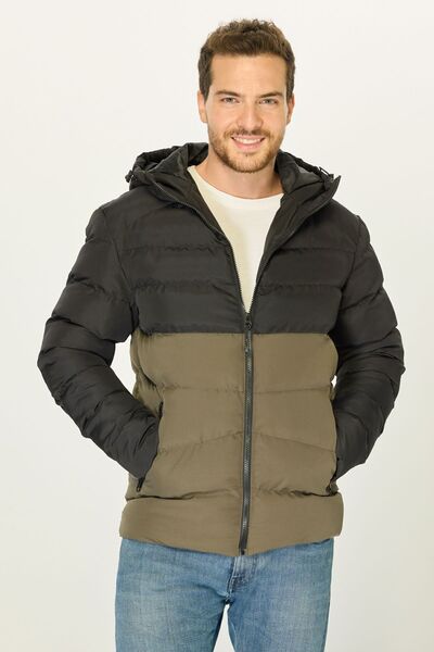 D1fference Pánská černo-khaki bunda Puffer - s kapucí, vodě a větru odolná