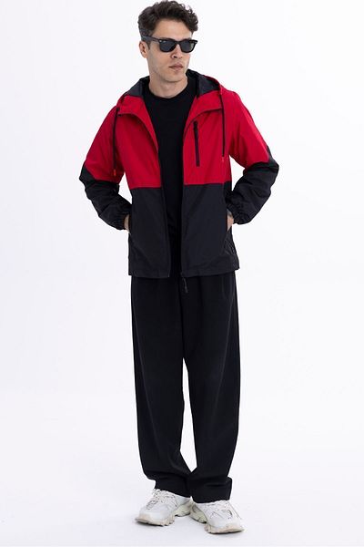 Goccix Men's Red-Black Two Color Lined Hooded Pocket Raincoat-Windbreaker