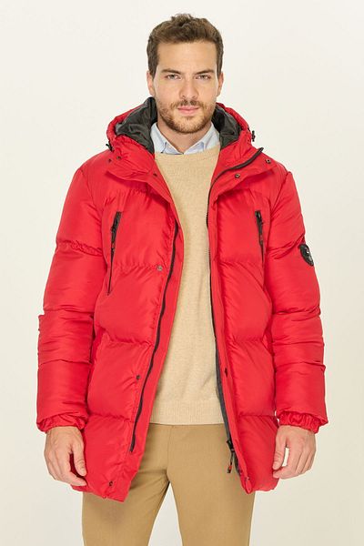 D1fference Men's Hooded Long Red Inflatable Parka - Fiber Filled, Warm, Windproof
