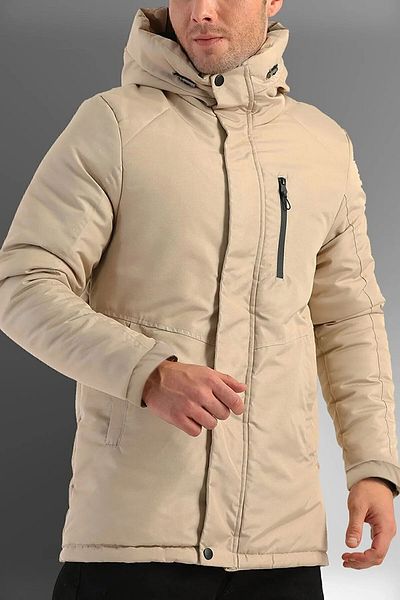 D1fference Beigefarbener, winddichter Wintermantel, Mantel und Parka für Herren mit Kapuze