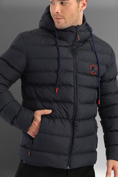 D1fference Námořnická modrá pánská bunda Puffer - větruodolná, zimní sportovní s kapucí