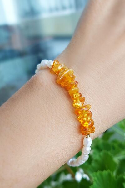 VAOOV 925 Ayar Gümüş Doğal Kehribar Ve Inci Bileklik