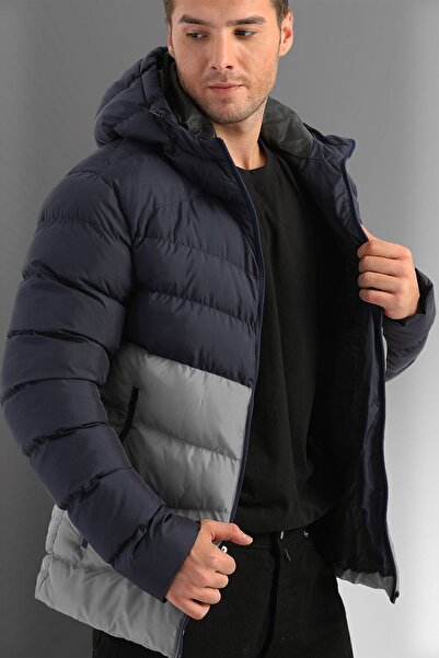 D1fference Pánský námořnicky modrošedý sportovní zimní kabát s kapucí a kapucí