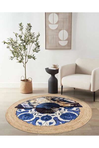 Halımax Jade Çift Taraflı Yıkanabilir Jüt Kilim Mavi Botanik Soyut Desenli Bohem Jüt Halı