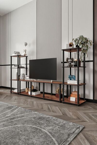 Halımax Lunox Ceviz Tv Ünitesi Raflı Dekoratif Çok Amaçlı Tv Sehpası