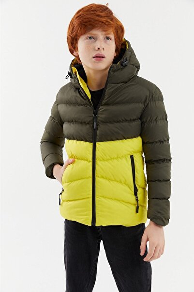 RİVERCLUP Erkek Çocuk Su Ve Rüzgar Geçirmez Elyaflı Haki-sarı Kapüşonlu Mont