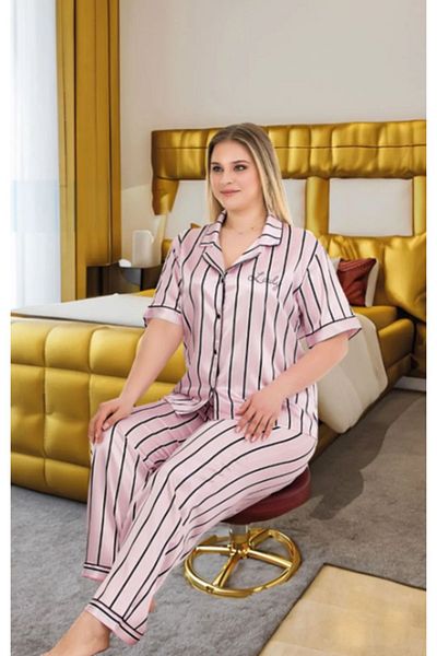 Cooqpoo Size 2Xl-3Xl-4Xl Pajamas Set with Black Stripes on Powder Pink