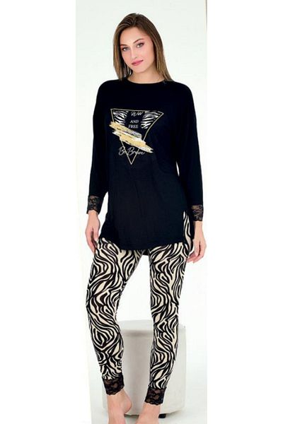 Cooqpoo Set de pijamale din bumbac pieptănat M-l-xl cu mâneci negre și colanți cu model din dantelă