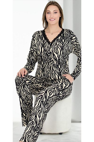 Cooqpoo Set pijamale din bumbac pieptănat M-l-xl cu dungi negre