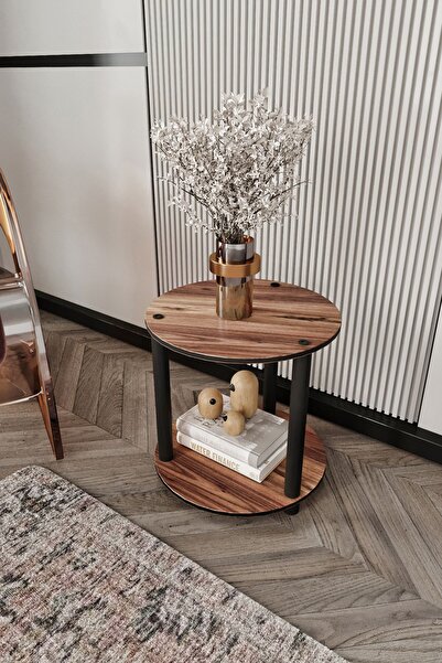 Halımax Libra Ceviz Kahverengi Kitaplık Çok Amaçlı Yuvarlak Raflı Sehpa