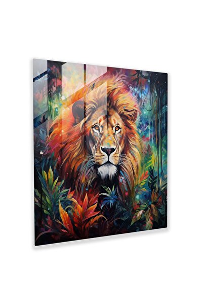 PaintedAnarchy Wildlife Glass Painting, Colorful Forest Majestic Lion, Wildli...