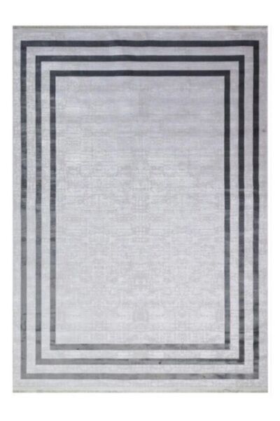 Halımax Art Bambu Saten Gri 2185 Çerçeve Desenli Makinede Yıkanabilir Dokuma Halı