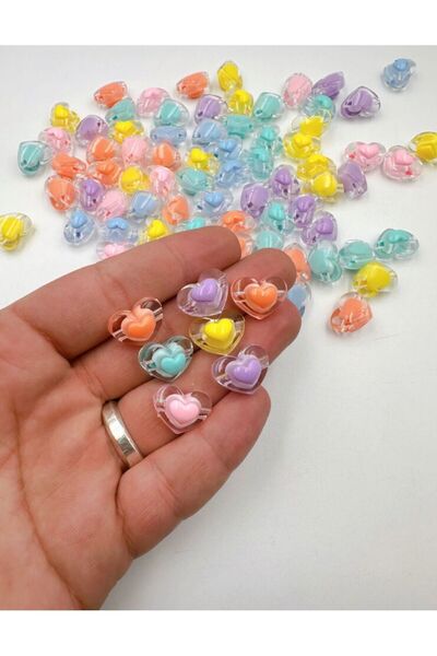 Ebruli Boncuk 12 mm Şeffaf Kalp, Dolgu Kalp Akrilik Boncuk Takı Yapımı Bead (...