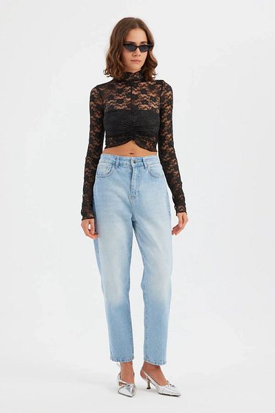 Hiccup Crop top cu mâneci lungi din dantelă cu imprimeu floral - guler în picioare