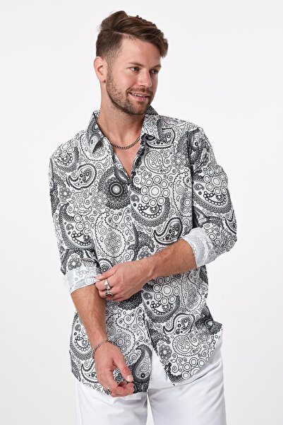 Rocqerx R-3654 Шаль з візерунком - комір на підкладці та прихований пат, сорочка з довгими рукавами