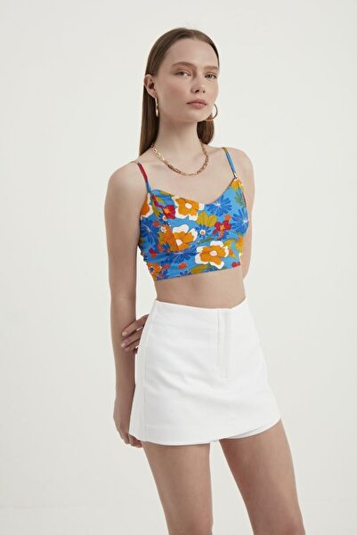 Hiccup Çiçek Desenli Kalp Yaka Kolsuz Crop Top
