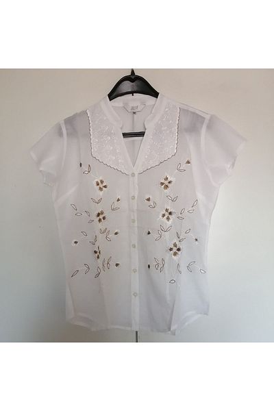 Next White Floral Embroidered Authentic Cotton Women's Blouse - Made in Indian with Scallop and Button Detail