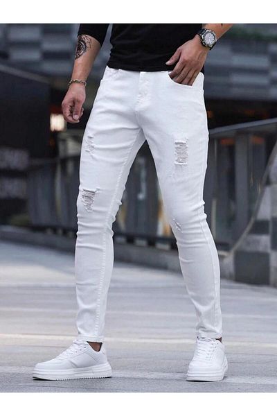 PASSWORD Men's White Jeans - Slim Fit Frayed