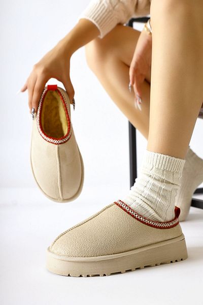 Limoya Χειμερινές γυναικείες παντόφλες Anne-liis Beige Suede με λεπτομέρειες