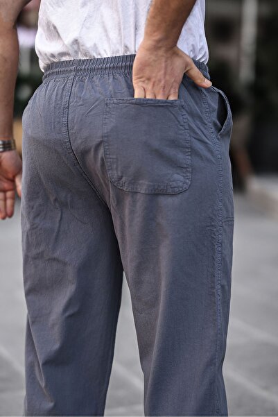 COMBINE Füme Renk Erkek Yazlık Keten Karışımı Relaxed Pantolon - FÜME