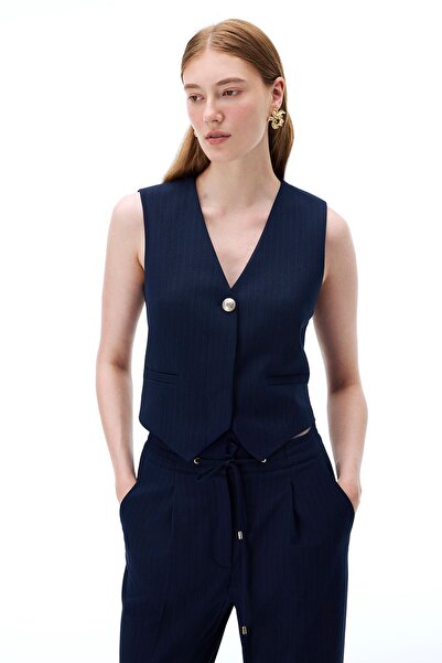 Perspective Navy Colored V-Neck Short Length Striped Patterned Women's Vest - Actors Regular Fit