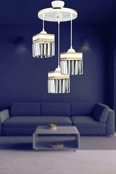 SONSUZ AYDINLATMA&AVİZE Infinite 3-Piece White Pendant Lamp with Crystal Stones and Yellow Stripe Square Downward Facing Luxury Chandelier