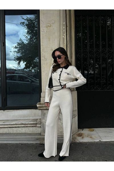 Julishop Polo Collar White Black Knitwear Suit - Elastic Waist, Buttoned Cardigan, Striped Trousers