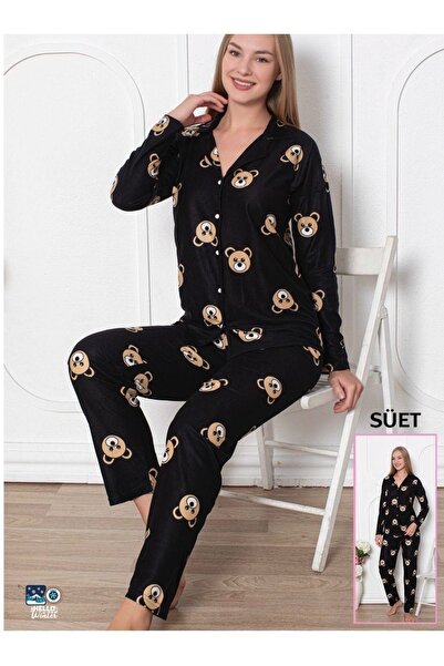 Genel Markalar Siyah Ayıcık Desenli Düğmeli Süet Kadın Pijama Takımı