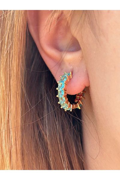 ByMerve Bym132 Turquoise Colored Baguette Stone Gold Color Hoop Daily Women's Steel Earrings