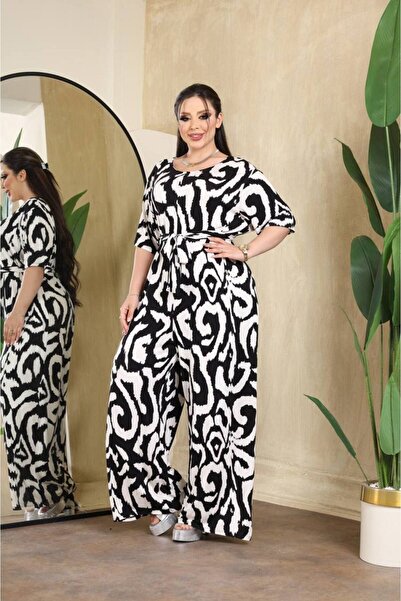 garajmood Large Size Jumpsuit with White Pattern on Black