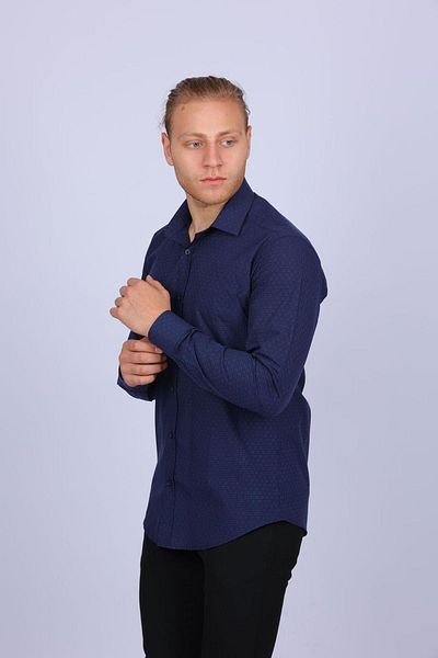 TOUSUS Тъмносиня мъжка риза на каре Slm-5108-tss