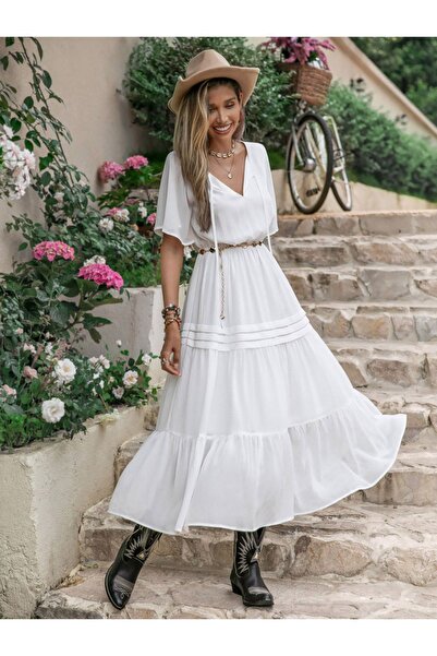 Russty Dustty By Styli Tie-Up Neck Ruffle Hem Maxi Dress