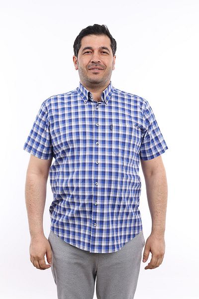 TOUSUS Ανδρικό πουκάμισο μεγάλου μεγέθους Navy Blue-Γκρι καρό Lycra βαμβακερό πέτο με τσέπες με κοντό μανίκι KK-8028-TSS