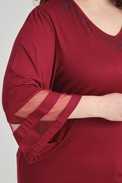 garajmood Claret Red Women's Plus Size Collar Stone Detailed Three-Quarter Sleeve Blouse