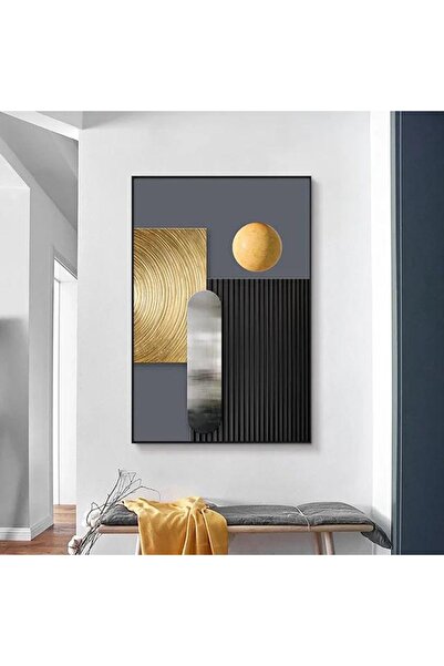 Linacci Tekli Siyah Metal Çerçeveli Gold Antrasit Poster Cam Tablo Seti